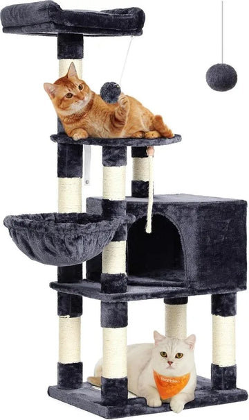 FurnStar - Krabpaal - 138 cm Kattentoren voor Binnenkatten - Pluchen Kattenhuis met Krabplank - 9 Krabpalen - Zitstok - Grot - Ontwerp met Meerdere Niveaus - Rookgrijs