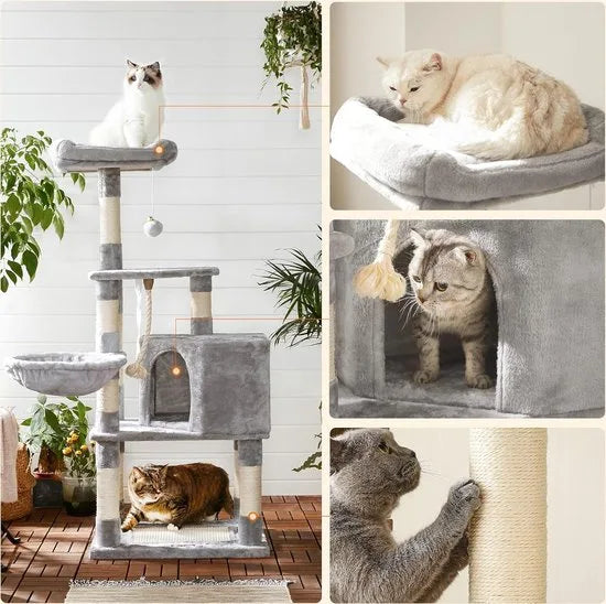FurnStar - Krabpaal - 138 cm kattentoren voor binnenkatten - pluchen kattenhuis met krabplank - 9 krabpalen - zitstok - grot - ontwerp met meerdere niveaus - beige – 