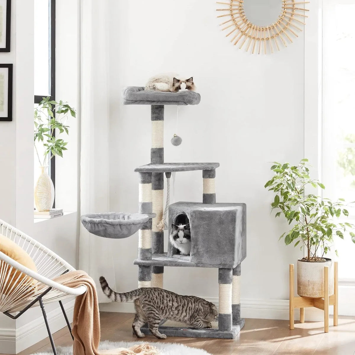 FurnStar - Krabpaal - 138 cm kattentoren voor binnenkatten - pluchen kattenhuis met krabplank - 9 krabpalen - zitstok - grot - ontwerp met meerdere niveaus - Grijs