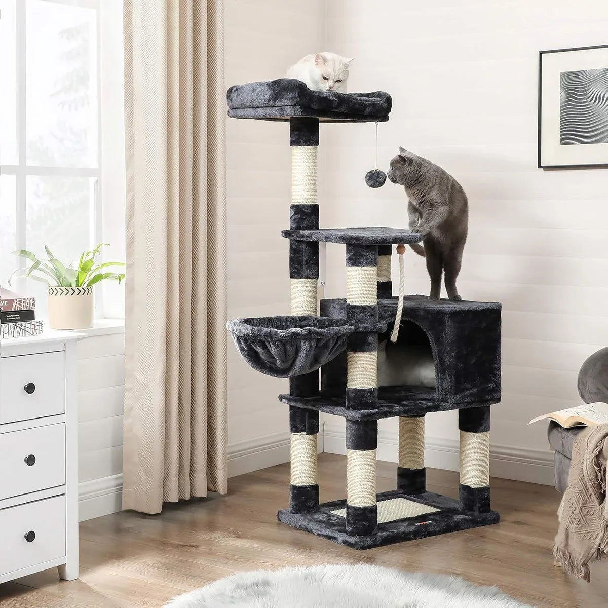 FurnStar - Krabpaal - 138 cm Kattentoren voor Binnenkatten - Pluchen Kattenhuis met Krabplank - 9 Krabpalen - Zitstok - Grot - Ontwerp met Meerdere Niveaus - Rookgrijs