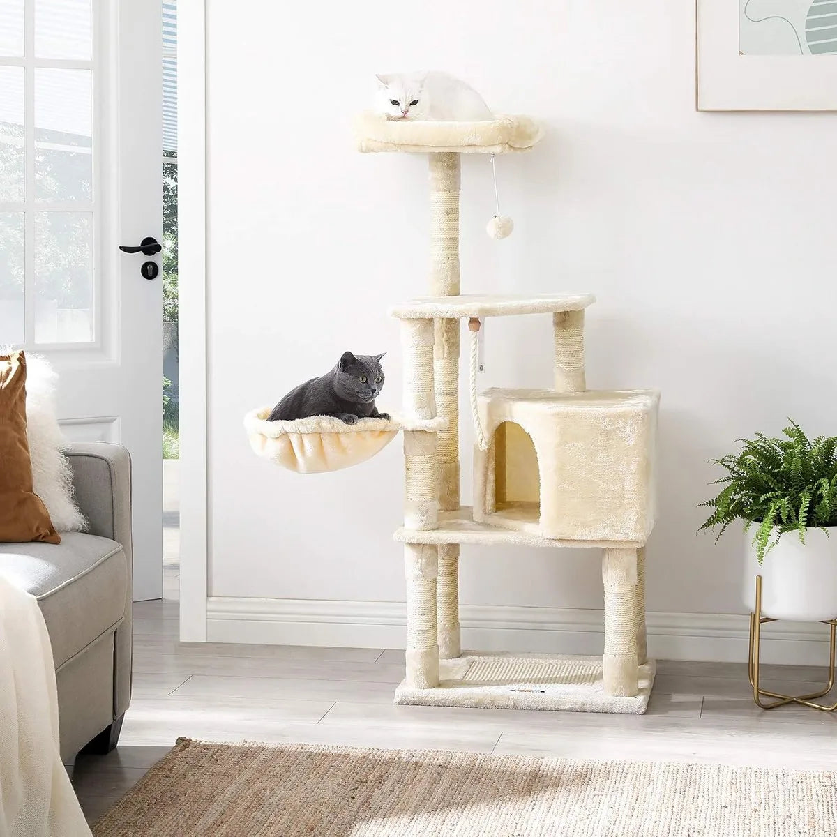 FurnStar - Krabpaal - 138 cm kattentoren voor binnenkatten - pluchen kattenhuis met krabplank - 9 krabpalen - zitstok - grot - ontwerp met meerdere niveaus - beige