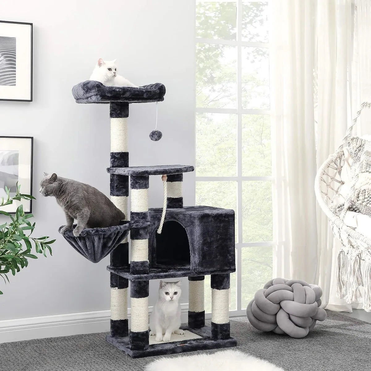 FurnStar - Krabpaal - 138 cm Kattentoren voor Binnenkatten - Pluchen Kattenhuis met Krabplank - 9 Krabpalen - Zitstok - Grot - Ontwerp met Meerdere Niveaus - Rookgrijs