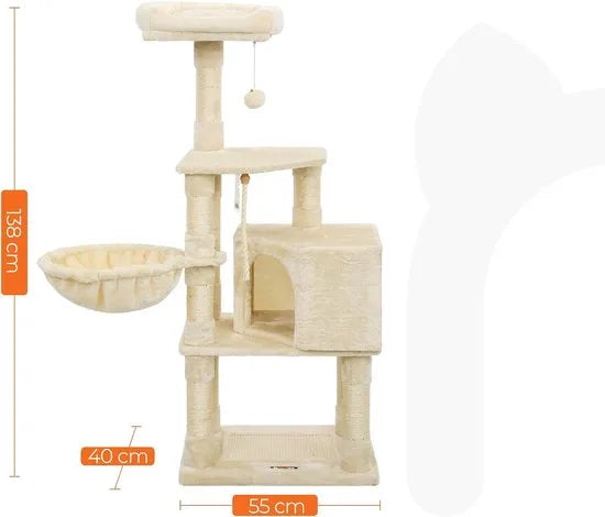 FurnStar - Krabpaal - 138 cm kattentoren voor binnenkatten - pluchen kattenhuis met krabplank - 9 krabpalen - zitstok - grot - ontwerp met meerdere niveaus - beige