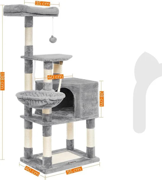 FurnStar - Krabpaal - 138 cm kattentoren voor binnenkatten - pluchen kattenhuis met krabplank - 9 krabpalen - zitstok - grot - ontwerp met meerdere niveaus - beige – 