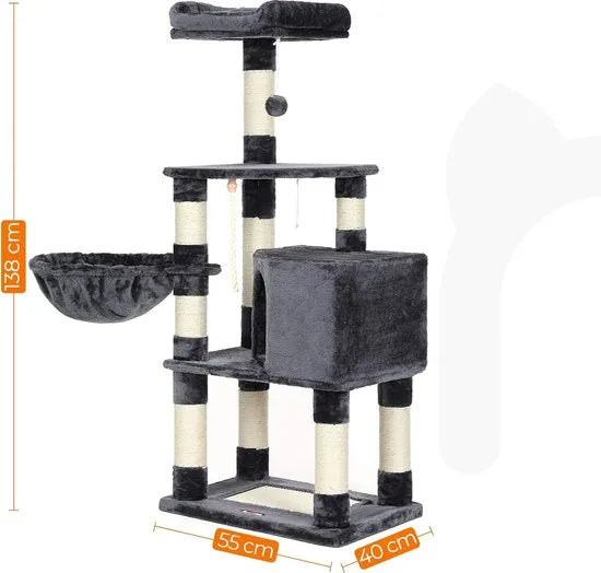 FurnStar - Krabpaal - 138 cm Kattentoren voor Binnenkatten - Pluchen Kattenhuis met Krabplank - 9 Krabpalen - Zitstok - Grot - Ontwerp met Meerdere Niveaus - Rookgrijs