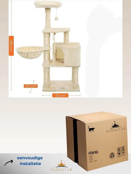 FurnStar - Krabpaal - 138 cm kattentoren voor binnenkatten - pluchen kattenhuis met krabplank - 9 krabpalen - zitstok - grot - ontwerp met meerdere niveaus - beige