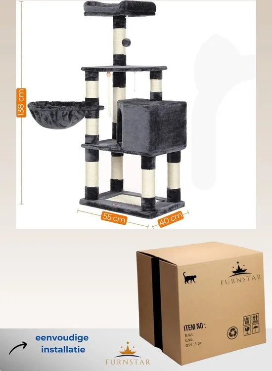 FurnStar - Krabpaal - 138 cm Kattentoren voor Binnenkatten - Pluchen Kattenhuis met Krabplank - 9 Krabpalen - Zitstok - Grot - Ontwerp met Meerdere Niveaus - Rookgrijs
