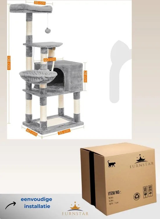 FurnStar - Krabpaal - 138 cm kattentoren voor binnenkatten - pluchen kattenhuis met krabplank - 9 krabpalen - zitstok - grot - ontwerp met meerdere niveaus - Grijs