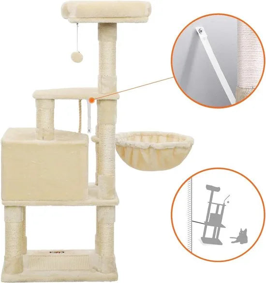 FurnStar - Krabpaal - 138 cm kattentoren voor binnenkatten - pluchen kattenhuis met krabplank - 9 krabpalen - zitstok - grot - ontwerp met meerdere niveaus - beige