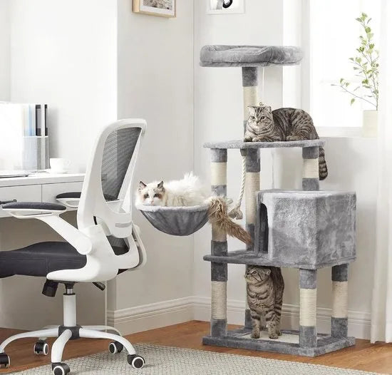 FurnStar - Krabpaal - 138 cm kattentoren voor binnenkatten - pluchen kattenhuis met krabplank - 9 krabpalen - zitstok - grot - ontwerp met meerdere niveaus - Grijs