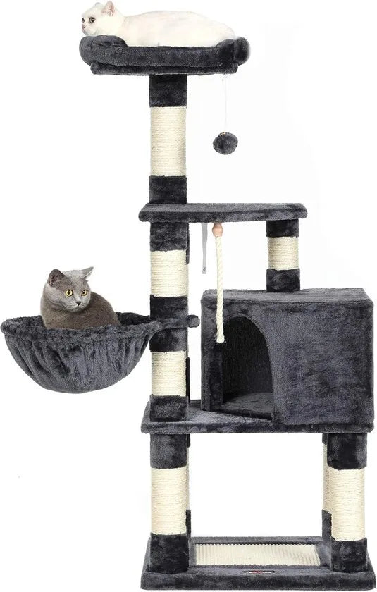 FurnStar - Krabpaal - 138 cm Kattentoren voor Binnenkatten - Pluchen Kattenhuis met Krabplank - 9 Krabpalen - Zitstok - Grot - Ontwerp met Meerdere Niveaus - Rookgrijs