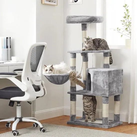 FurnStar - Krabpaal - 138 cm kattentoren voor binnenkatten - pluchen kattenhuis met krabplank - 9 krabpalen - zitstok - grot - ontwerp met meerdere niveaus - Grijs