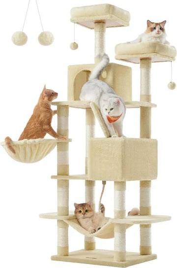 FurnStar - Krabpaal - 168 cm grote kattentoren met 13 krabpalen - 1 Krabplank - 2 Zitstokken - 2 Grotten - Mand - Hangmat - Pompons - Pluche kattenappartement met meerdere niveaus voor binnenkatten - Beige