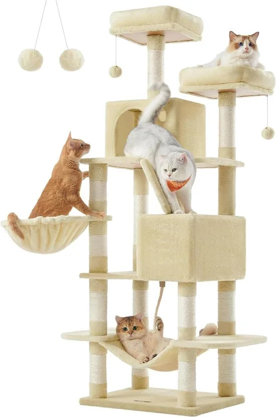 FurnStar - Krabpaal - 168 cm grote kattentoren met 13 krabpalen - 1 Krabplank - 2 Zitstokken - 2 Grotten - Mand - Hangmat - Pompons - Pluche kattenappartement met meerdere niveaus voor binnenkatten - Beige