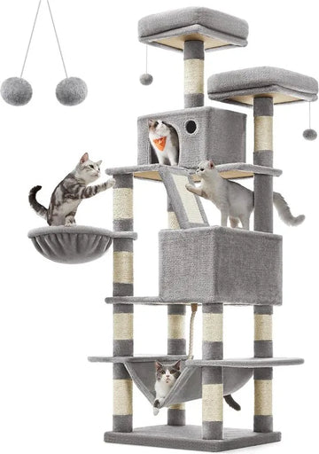 FurnStar - Krabpaal - 168 cm Grote Kattentoren met 13 Krabpalen - 1 Krabplank - 2 Zitstokken - 2 Grotten - Mand - Hangmat - Pompons - Pluche Katten appartement met Meerdere Niveaus voor Binnenkatten - Lichtgrijs