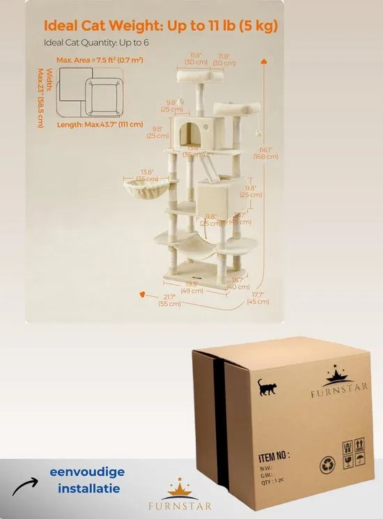 FurnStar - Krabpaal - 168 cm grote kattentoren met 13 krabpalen - 1 Krabplank - 2 Zitstokken - 2 Grotten - Mand - Hangmat - Pompons - Pluche kattenappartement met meerdere niveaus voor binnenkatten - Beige