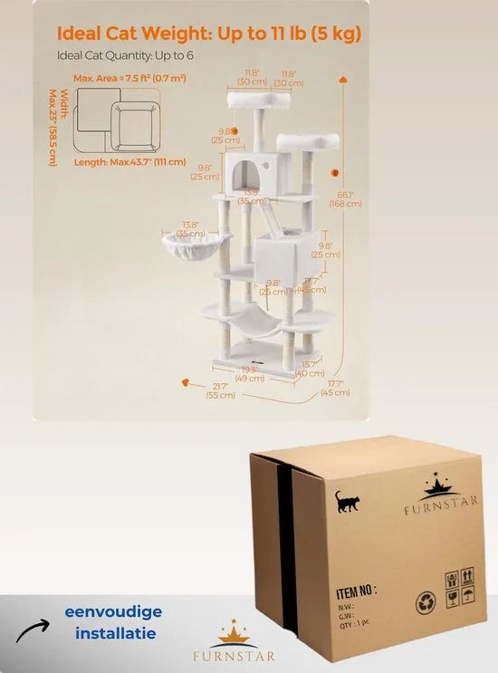 FurnStar- Krabpaal - 168 cm grote kattentoren met 13 krabpalen - 1 Krabplank - 2 Zitstokken - 2 Grotten - Mand - Hangmat - Pompons - Pluche kattenappartement met meerdere niveaus voor binnenkatten - Grijs