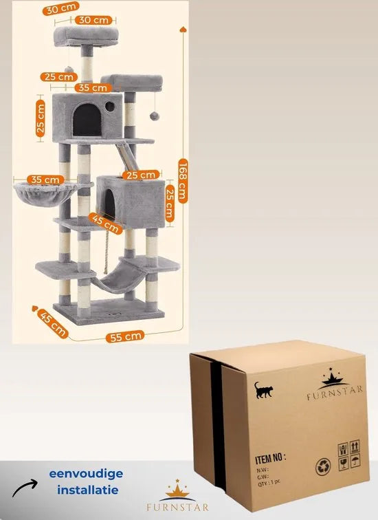 FurnStar - Krabpaal - 168 cm Grote Kattentoren met 13 Krabpalen - 1 Krabplank - 2 Zitstokken - 2 Grotten - Mand - Hangmat - Pompons - Pluche Katten appartement met Meerdere Niveaus voor Binnenkatten - Lichtgrijs