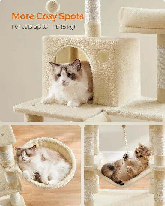 FurnStar - Krabpaal - 168 cm grote kattentoren met 13 krabpalen - 1 Krabplank - 2 Zitstokken - 2 Grotten - Mand - Hangmat - Pompons - Pluche kattenappartement met meerdere niveaus voor binnenkatten - Beige