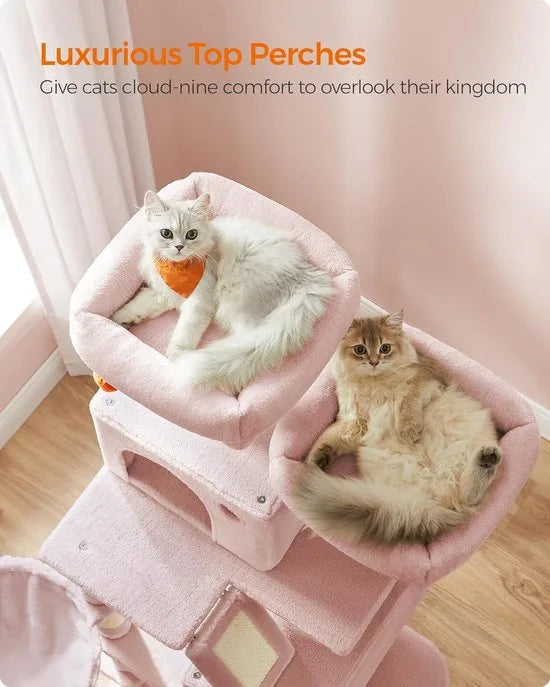FurnStar - Krabpaal - 168 cm grote kattentoren met 13 krabpalen - 1 Krabplank - 2 Zitstokken - 2 groten - Mand - Hangmat - Pompons - Pluche Kattenappartement met meerdere niveaus voor binnenkatten - Roze