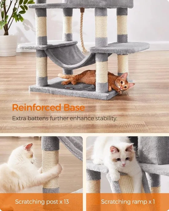 FurnStar - Krabpaal - 168 cm Grote Kattentoren met 13 Krabpalen - 1 Krabplank - 2 Zitstokken - 2 Grotten - Mand - Hangmat - Pompons - Pluche Katten appartement met Meerdere Niveaus voor Binnenkatten - Lichtgrijs