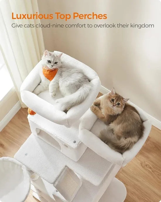 FurnStar- Krabpaal - 168 cm grote kattentoren met 13 krabpalen - 1 Krabplank - 2 Zitstokken - 2 Grotten - Mand - Hangmat - Pompons - Pluche kattenappartement met meerdere niveaus voor binnenkatten - Grijs