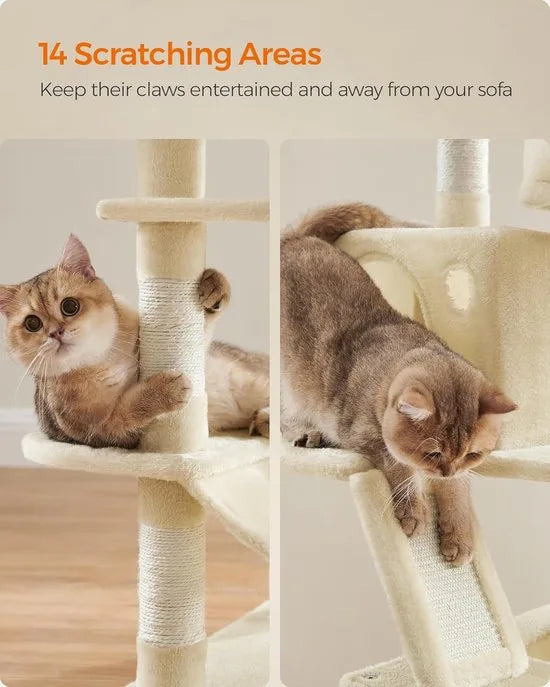 FurnStar - Krabpaal - 168 cm grote kattentoren met 13 krabpalen - 1 Krabplank - 2 Zitstokken - 2 Grotten - Mand - Hangmat - Pompons - Pluche kattenappartement met meerdere niveaus voor binnenkatten - Beige