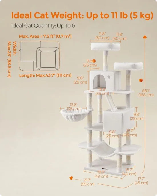 FurnStar- Krabpaal - 168 cm grote kattentoren met 13 krabpalen - 1 Krabplank - 2 Zitstokken - 2 Grotten - Mand - Hangmat - Pompons - Pluche kattenappartement met meerdere niveaus voor binnenkatten - Grijs