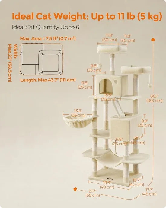 FurnStar - Krabpaal - 168 cm grote kattentoren met 13 krabpalen - 1 Krabplank - 2 Zitstokken - 2 Grotten - Mand - Hangmat - Pompons - Pluche kattenappartement met meerdere niveaus voor binnenkatten - Beige