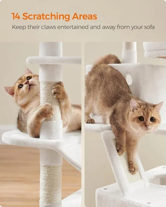 FurnStar- Krabpaal - 168 cm grote kattentoren met 13 krabpalen - 1 Krabplank - 2 Zitstokken - 2 Grotten - Mand - Hangmat - Pompons - Pluche kattenappartement met meerdere niveaus voor binnenkatten - Grijs