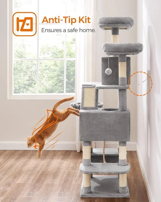FurnStar - Krabpaal - 168 cm Grote Kattentoren met 13 Krabpalen - 1 Krabplank - 2 Zitstokken - 2 Grotten - Mand - Hangmat - Pompons - Pluche Katten appartement met Meerdere Niveaus voor Binnenkatten - Lichtgrijs