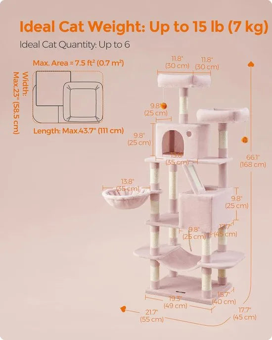 FurnStar - Krabpaal - 168 cm grote kattentoren met 13 krabpalen - 1 Krabplank - 2 Zitstokken - 2 groten - Mand - Hangmat - Pompons - Pluche Kattenappartement met meerdere niveaus voor binnenkatten - Roze