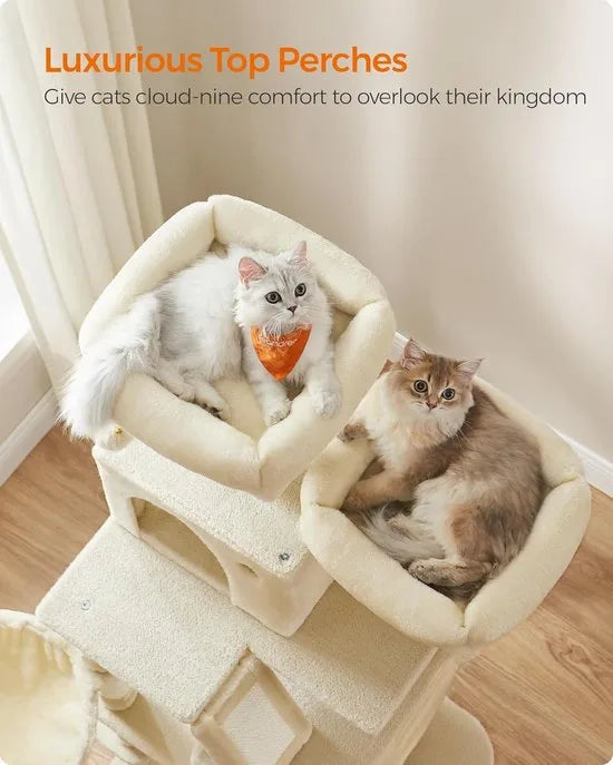 FurnStar - Krabpaal - 168 cm grote kattentoren met 13 krabpalen - 1 Krabplank - 2 Zitstokken - 2 Grotten - Mand - Hangmat - Pompons - Pluche kattenappartement met meerdere niveaus voor binnenkatten - Beige