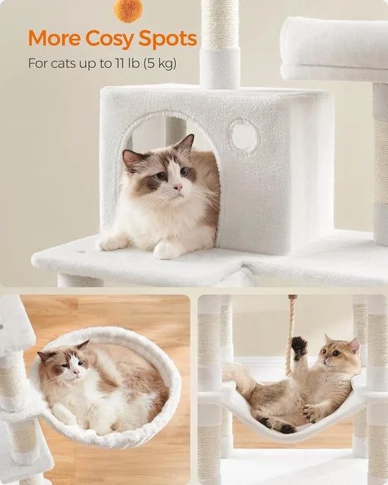 FurnStar- Krabpaal - 168 cm grote kattentoren met 13 krabpalen - 1 Krabplank - 2 Zitstokken - 2 Grotten - Mand - Hangmat - Pompons - Pluche kattenappartement met meerdere niveaus voor binnenkatten - Grijs