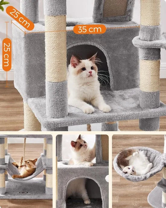 FurnStar - Krabpaal - 168 cm Grote Kattentoren met 13 Krabpalen - 1 Krabplank - 2 Zitstokken - 2 Grotten - Mand - Hangmat - Pompons - Pluche Katten appartement met Meerdere Niveaus voor Binnenkatten - Lichtgrijs