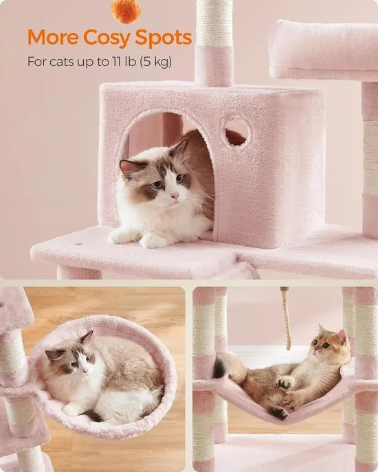 FurnStar - Krabpaal - 168 cm grote kattentoren met 13 krabpalen - 1 Krabplank - 2 Zitstokken - 2 groten - Mand - Hangmat - Pompons - Pluche Kattenappartement met meerdere niveaus voor binnenkatten - Roze