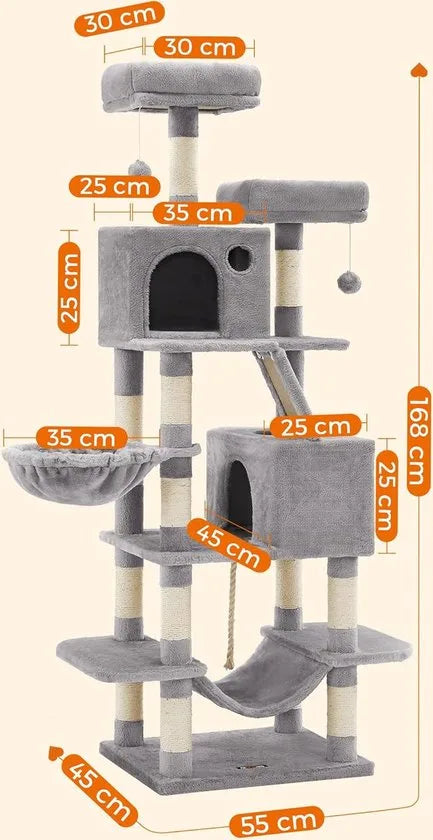 FurnStar - Krabpaal - 168 cm Grote Kattentoren met 13 Krabpalen - 1 Krabplank - 2 Zitstokken - 2 Grotten - Mand - Hangmat - Pompons - Pluche Katten appartement met Meerdere Niveaus voor Binnenkatten - Lichtgrijs