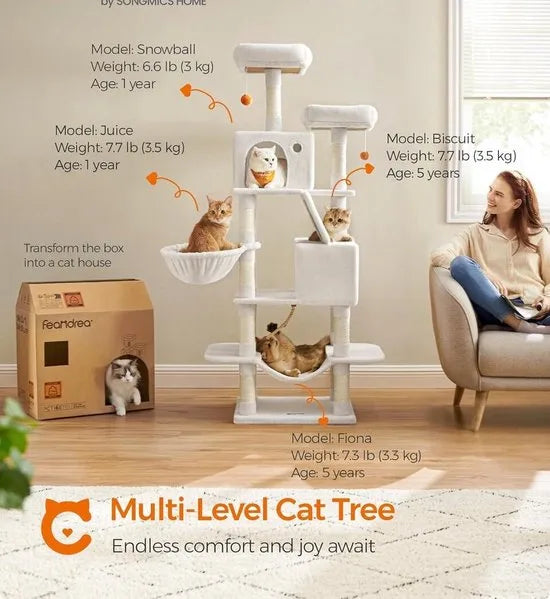 FurnStar- Krabpaal - 168 cm grote kattentoren met 13 krabpalen - 1 Krabplank - 2 Zitstokken - 2 Grotten - Mand - Hangmat - Pompons - Pluche kattenappartement met meerdere niveaus voor binnenkatten - Grijs
