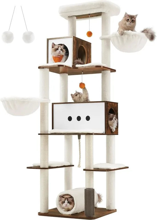 FurnStar Krabpaal Groot – 197 cm Hoog – Kattenboom XXL met Meerdere Verdiepingen – 2 Holtes, 2 Ligkommen, 4 Krabpalen, Tunnel en Platforms – Kattenhuis in Vintagebruin
