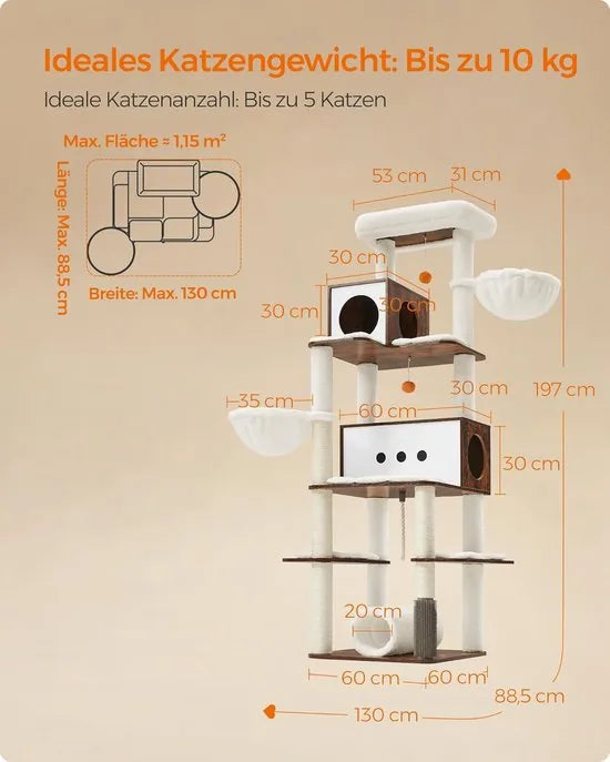 FurnStar - Krabpaal groot - 197 cm hoog - kattenboom XXL - modern - kattenhuis met meerdere verdiepingen met 2 holtes - 2 ligkommen, 4 krabpalen - kattenborstel - tunnel - platforms - grijsbeige – Vintagebruin