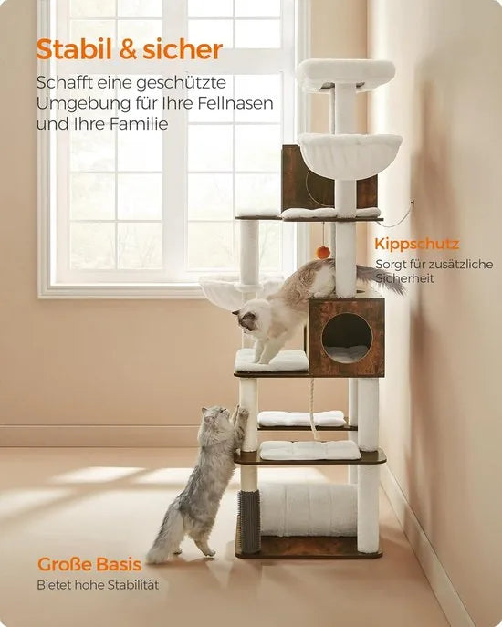 FurnStar - Krabpaal groot - 197 cm hoog - kattenboom XXL - modern - kattenhuis met meerdere verdiepingen met 2 holtes - 2 ligkommen, 4 krabpalen - kattenborstel - tunnel - platforms - grijsbeige – Vintagebruin