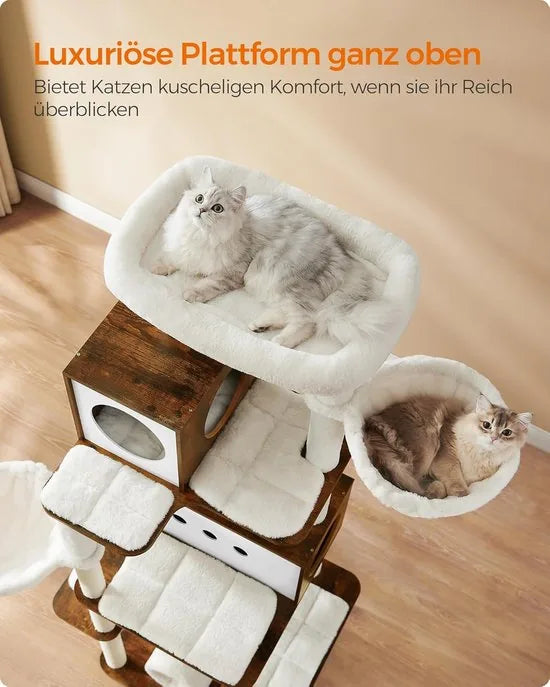 FurnStar Krabpaal Groot – 197 cm Hoog – Kattenboom XXL met Meerdere Verdiepingen – 2 Holtes, 2 Ligkommen, 4 Krabpalen, Tunnel en Platforms – Kattenhuis in Vintagebruin