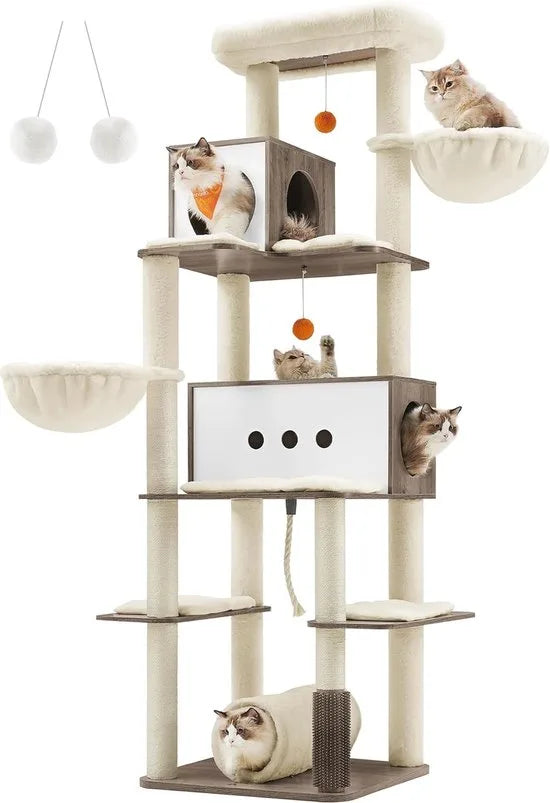 FurnStar - Krabpaal groot - 197 cm hoog - kattenboom XXL - modern - kattenhuis met meerdere verdiepingen met 2 holtes - 2 ligkommen, 4 krabpalen - kattenborstel - tunnel - platforms - grijsbeige