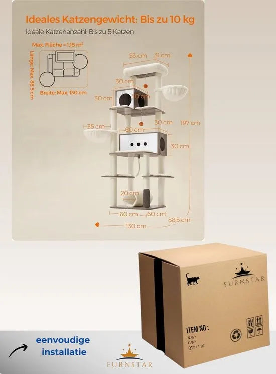 FurnStar - Krabpaal groot - 197 cm hoog - kattenboom XXL - modern - kattenhuis met meerdere verdiepingen met 2 holtes - 2 ligkommen, 4 krabpalen - kattenborstel - tunnel - platforms - grijsbeige