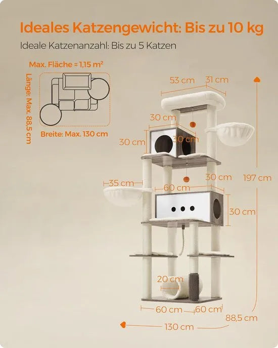 FurnStar - Krabpaal groot - 197 cm hoog - kattenboom XXL - modern - kattenhuis met meerdere verdiepingen met 2 holtes - 2 ligkommen, 4 krabpalen - kattenborstel - tunnel - platforms - grijsbeige