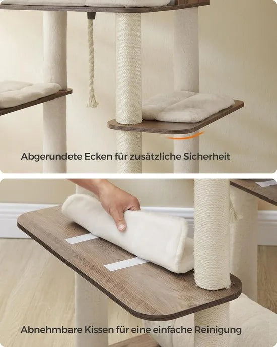 FurnStar - Krabpaal groot - 197 cm hoog - kattenboom XXL - modern - kattenhuis met meerdere verdiepingen met 2 holtes - 2 ligkommen, 4 krabpalen - kattenborstel - tunnel - platforms - grijsbeige