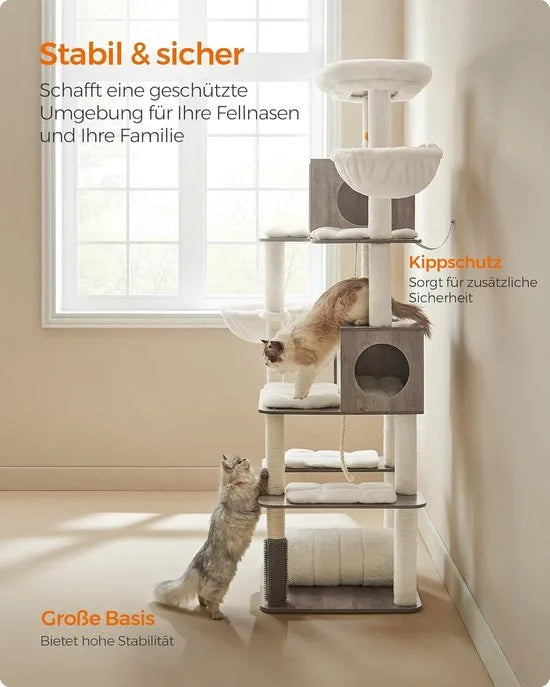 FurnStar - Krabpaal groot - 197 cm hoog - kattenboom XXL - modern - kattenhuis met meerdere verdiepingen met 2 holtes - 2 ligkommen, 4 krabpalen - kattenborstel - tunnel - platforms - grijsbeige