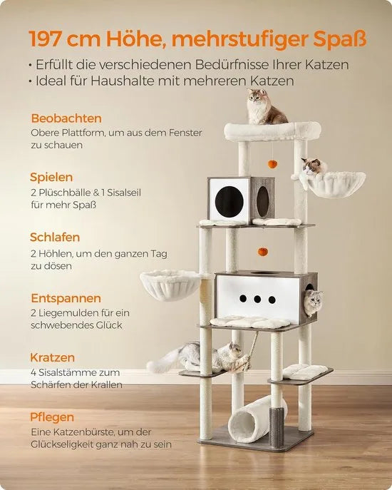 FurnStar - Krabpaal groot - 197 cm hoog - kattenboom XXL - modern - kattenhuis met meerdere verdiepingen met 2 holtes - 2 ligkommen, 4 krabpalen - kattenborstel - tunnel - platforms - grijsbeige