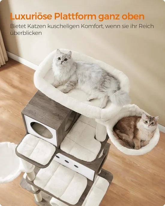 FurnStar - Krabpaal groot - 197 cm hoog - kattenboom XXL - modern - kattenhuis met meerdere verdiepingen met 2 holtes - 2 ligkommen, 4 krabpalen - kattenborstel - tunnel - platforms - grijsbeige