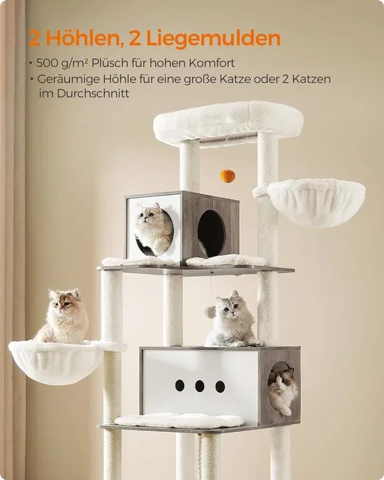 FurnStar - Krabpaal groot - 197 cm hoog - kattenboom XXL - modern - kattenhuis met meerdere verdiepingen met 2 holtes - 2 ligkommen, 4 krabpalen - kattenborstel - tunnel - platforms - grijsbeige